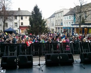 Dean Richardson as Freddie Mercury and the crowd at the Lancaster Christmas Lights Switch On 2013