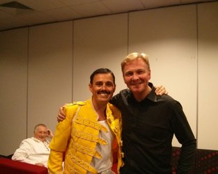 Dean Richardson as Freddie Mercury with Paul Hayes of Cash in the Attic fame backstage at Morecambe FC