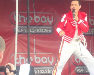 Dean Richardson as Freddie Mercury at the Lune Valley Fayre on the Bay Radio stage